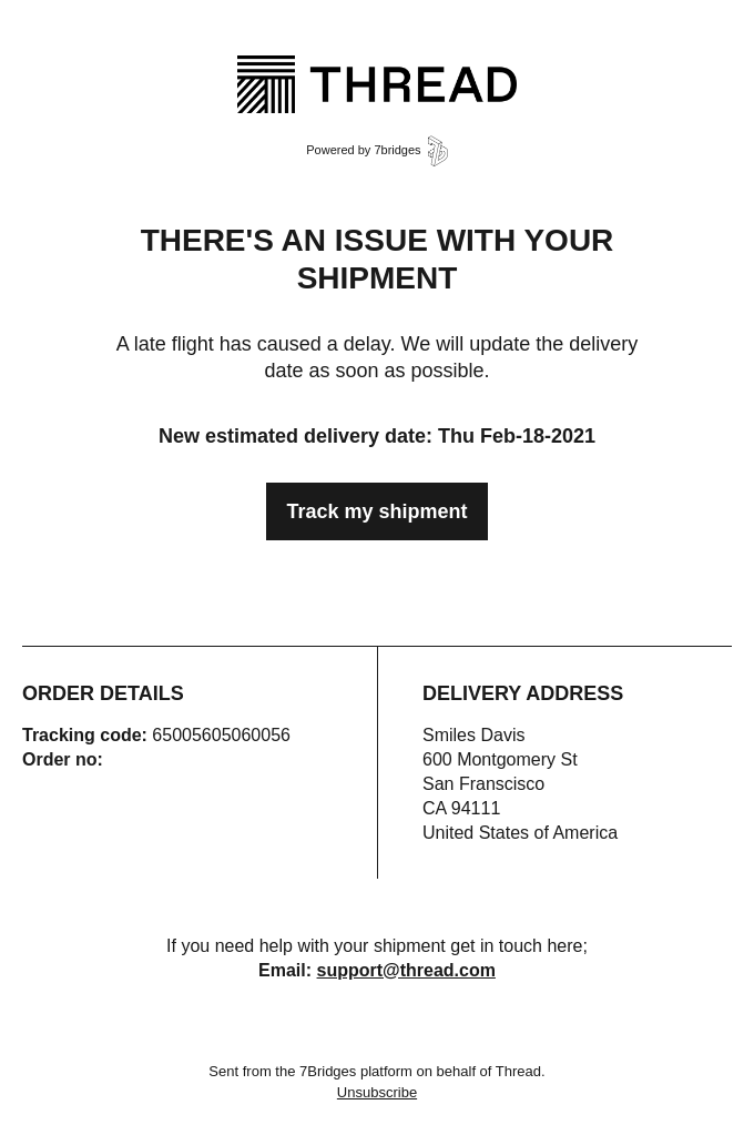 Threads - shipment delay email example