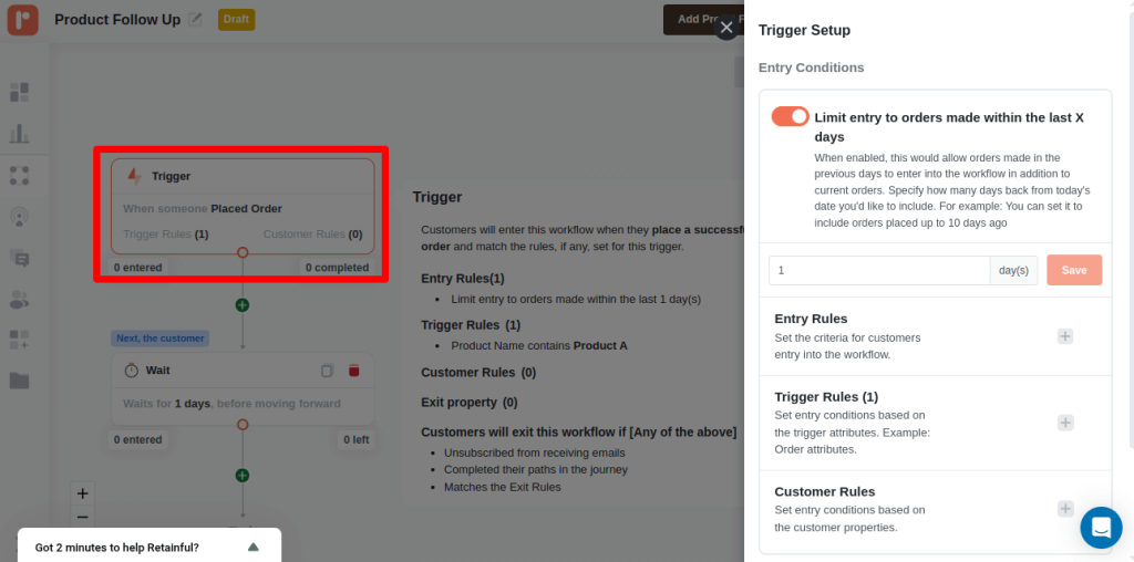 Trigger settings in Post purchase SMS flow in Retainful