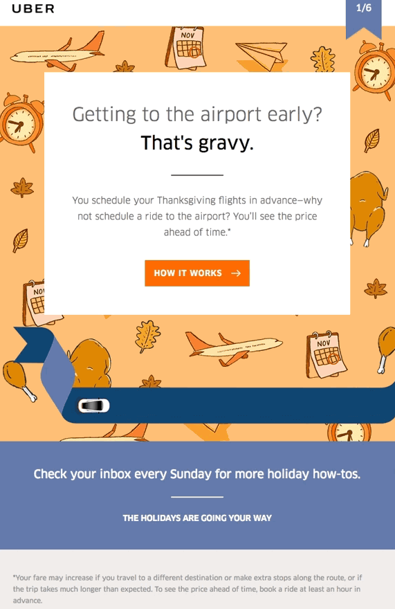 Uber’s Thanksgiving email uses a playful pun, festive visuals, and a clear CTA to promote scheduling rides in advance for holiday travel.