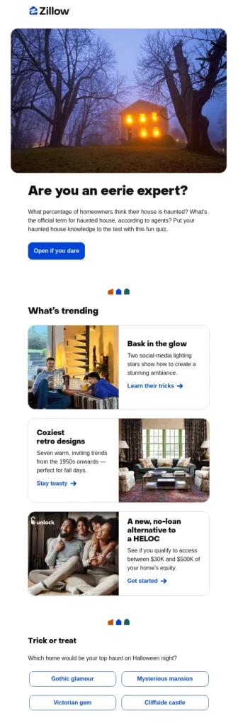Zillow Halloween email featuring a large, misty house in the woods under the headline "Are you an eerie expert?," promoting a fun Halloween quiz.
