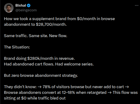 A Twitter post explains how a supplement brand has increased its revenue using browse abandonment email workflows