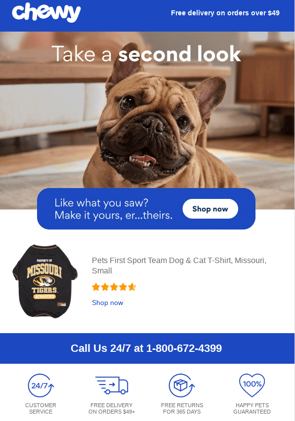 A browse abandonment email from Chewy featuring a French Bulldog above the headline "Take a second look." Below, a specific product is displayed with a 5-star rating and a prominent CTA
