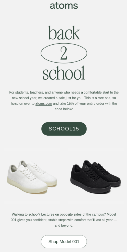 Atoms 'Back 2 School' marketing email offering 15% off sitewide with code SCHOOL15