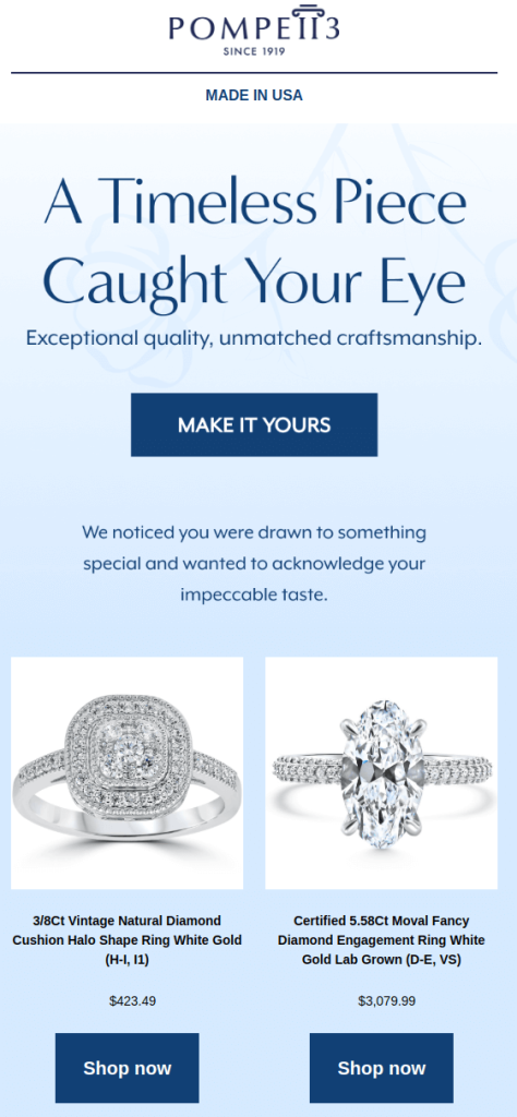 Browse abandonment email marketing example from POMPEII3 featuring two diamond rings.