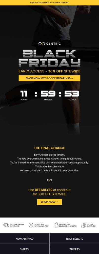 Centric Black Friday Early Access email marketing example offers a 30% off sitewide. The email features a countdown timer and the coupon code.