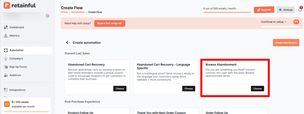 Choosing the Browse abandonment automation workflow
