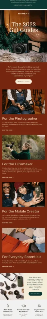 Christmas email example from Moment featuring segmented Christmas gift guides for different interests