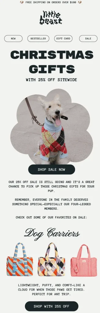 Christmas email from Little Beast with a 25% off sitewide offer, featuring stylish dog carriers in festive patterns and CTAs to shop the sale.