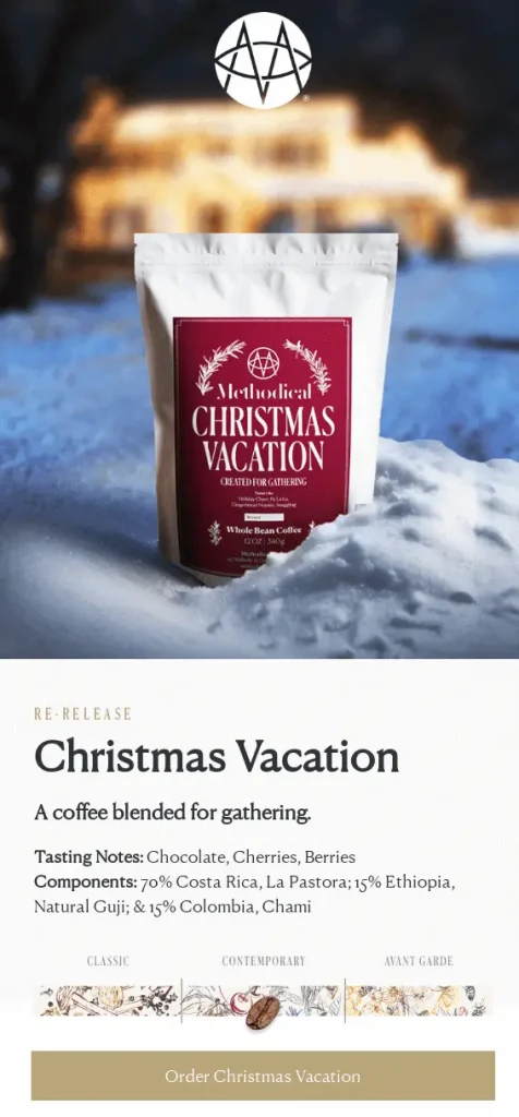 Christmas email promoting Methodical Coffee's re-released Christmas Vacation whole bean coffee