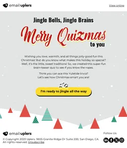 Christmas email with text ‘Merry Quizmas to you,’ featuring Christmas trees, and a yellow CTA button reading ‘I’m ready to jingle all the way
