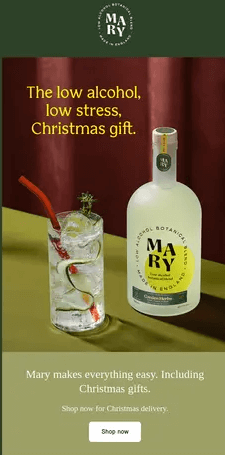 Christmas promotional email for MARY low-alcohol botanical spirit, promoting it as a low-stress Christmas gift option.
