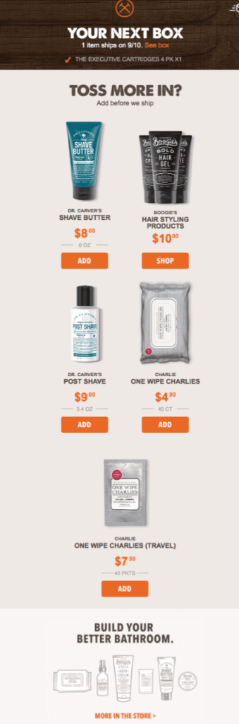 Dollar Shave Club – Upsell/cross-sell email marketing example