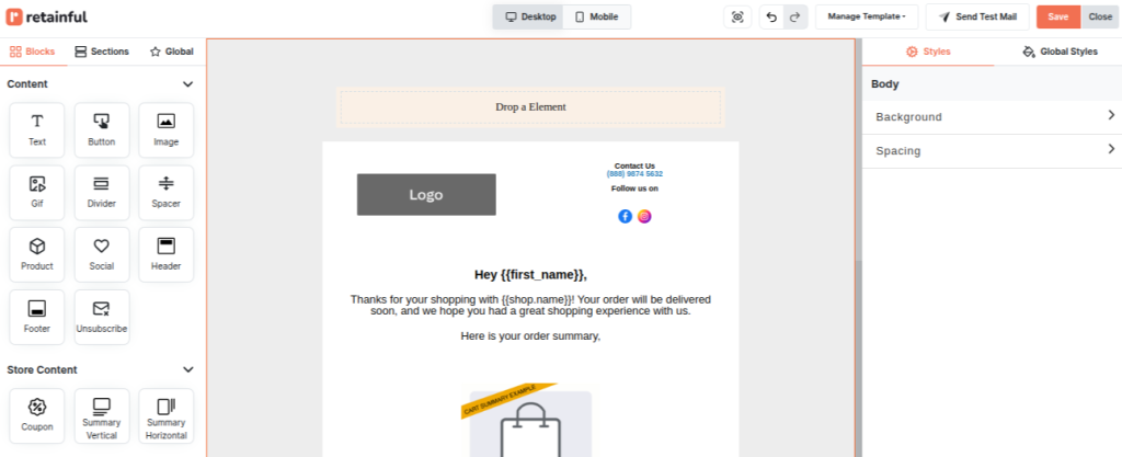 Editing email content in Retainful’s drag-and-drop email editor 
