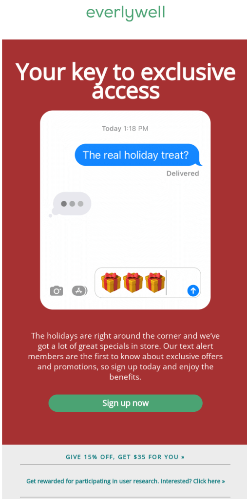 Everlywell email promoting its text alert program for the holiday season