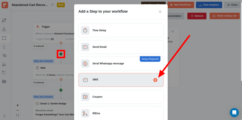 Integrating the SMS block within the browse abandonment email automation workflow

