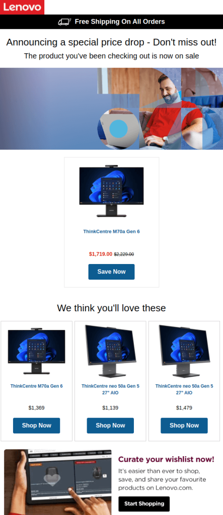 Lenovo Price Drop Alert marketing email for ThinkCentre. The headline promises 'Announcing a special price drop - Don't miss out!'"