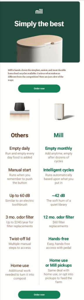 Mill – Comparison email marketing example