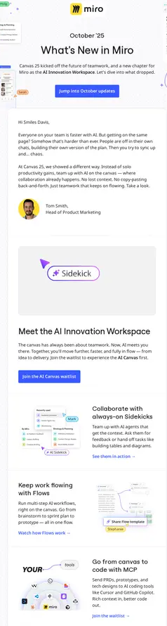 Miro Saas product update email marketing example 'What's New in Miro' for October '25.