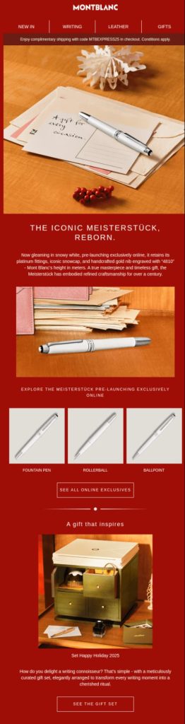 Montblanc product pre-launch email marketing example for the 'Iconic Meisterstück, Reborn.