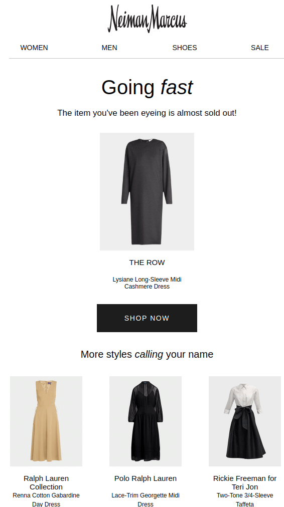 Neiman Marcus's wishlist reminder email marketing example effectively uses urgency to convert highly interested customers immediately