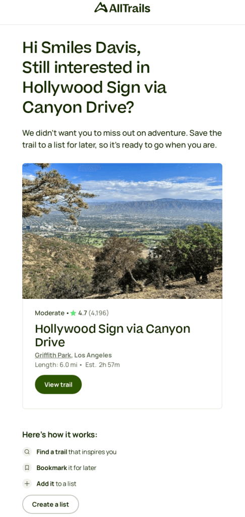 Personalized browse abandonment email from AllTrails showing the Hollywood Sign trail details with a “View trail” CTA and app download links.
