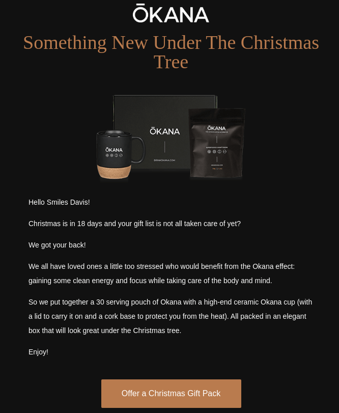 Promotional email from ŌKANA featuring a complete curated Christmas gift pack.