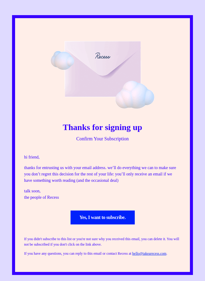 Recess – Double opt-in email marketing example