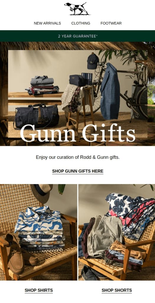 Rodd & Gunn holiday gift curation email marketing example features various clothing items, and a blazer in a tropical setting. The main headline reads: 'Gunn Gifts'.