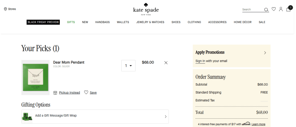 Screenshot of BFCM checkout page from Kate Spade displaying gifting options to identify the gift-buyer segment.