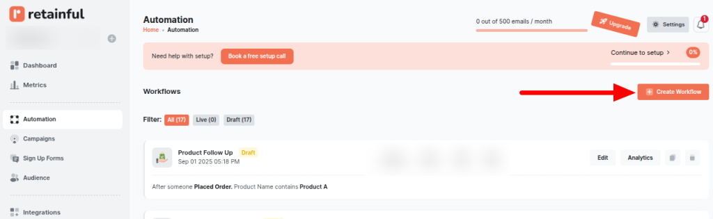 Select the Create Workflow button in the Automation page