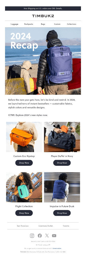 TIMBUK2 year-end recap email marketing example shows the headline '2024 Recap' and features best-selling custom bags.