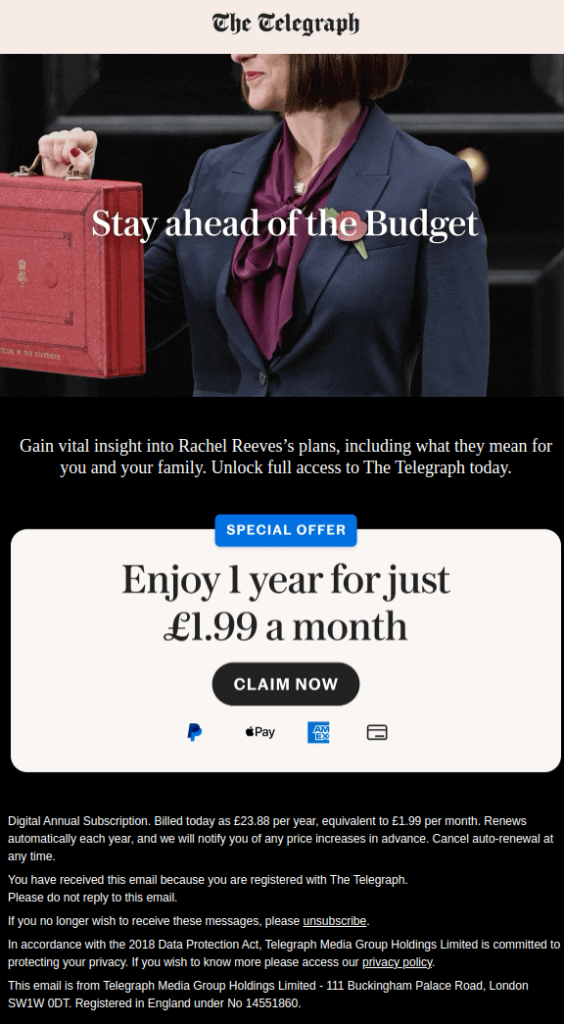 The Telegraph subscription offer email marketing example features Rachel Reeves holding the Budget box.