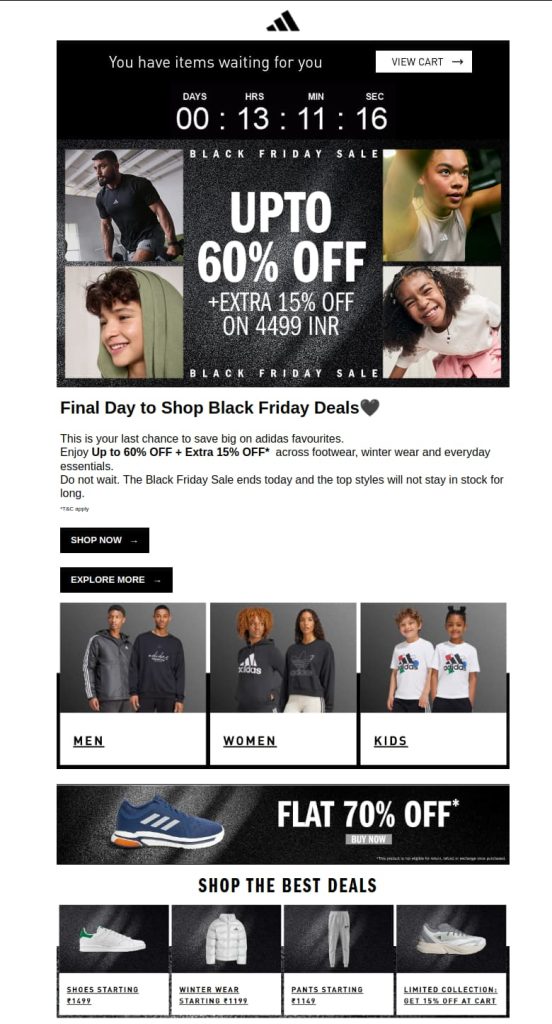 Adidas Black Friday Sale final day email blast with a countdown timer, offering up to 60% off plus an extra 15% off on purchases over 4499 INR, featuring product images for Men, Women, and Kids categories