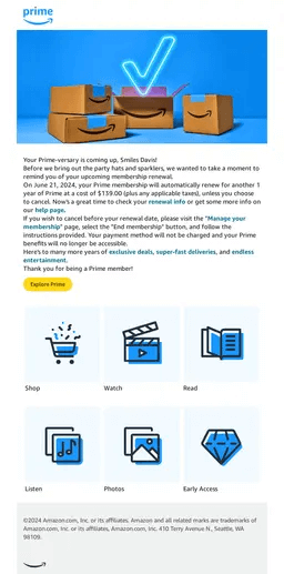 Amazon Prime annual renewal email announcing the upcoming charge of $139.00 on June 21, 2024. The email prominently features the diverse benefits of the membership, including shopping, watching, and reading.