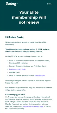Subscription cancellation confirmation email from Going informing the user that their Elite membership will not renew. The email lists the lost benefits and offers a post-script downgrade option.