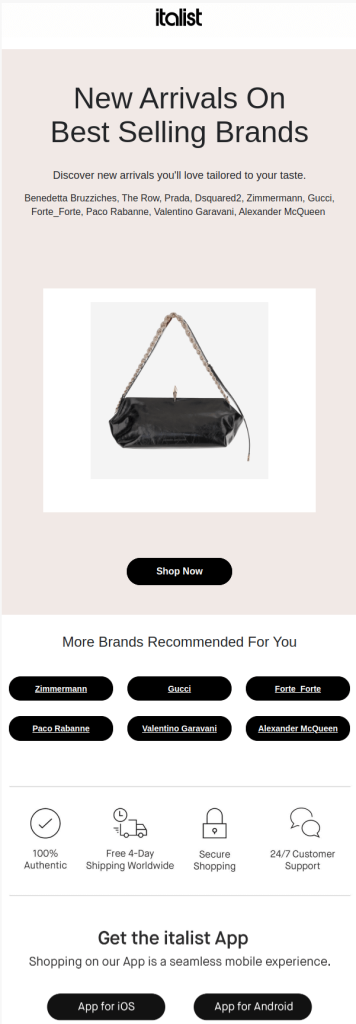 Italist email blast example featuring new arrivals on best-selling brands, a black designer handbag as the hero image, and a 'Shop Now' call-to-action