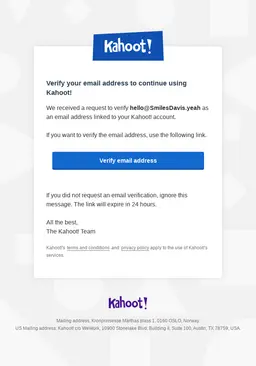 Account verification email from Kahoot! requesting the user to verify their email address linked to the account.