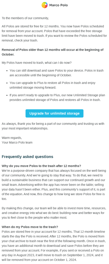 Account storage policy change email from Marco Polo notifying users that old videos ("Polos") exceeding free limits will be removed in October. It offers an "Upgrade for unlimited storage" CTA.
