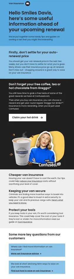 An upcoming renewal email from Van Insurance (Confused.com). The email provides useful tips, information on auto-renewal price.