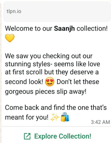 WhatsApp business message for the Saanjh collection using friendly, persuasive language and a CTA button to encourage a return visit after browsing.