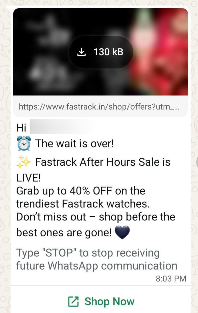 WhatsApp business message from Fastrack announcing the "Fastrack After Hours Sale" with 40% OFF, and a prominent CTA.