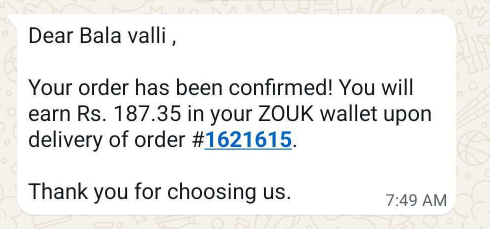WhatsApp business message from Zouk confirming order number #1621615 and clearly stating the customer will earn Rs 187.35 in their ZOUK wallet upon delivery.