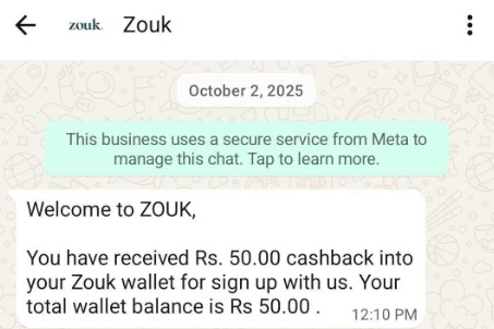 WhatsApp business message from Zouk