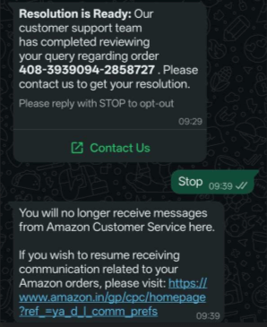 WhatsApp business message from Amazon notifying the customer that the resolution for the order is ready, with a "Contact Us" CTA button, followed by a successful "Stop" reply and an opt-out confirmation.