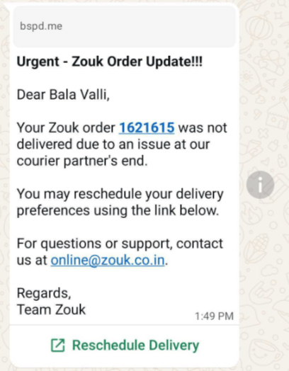 WhatsApp business message from Zouk alerting the customer that order #1621615 was not delivered due to a courier issue, providing an email for support and a prominent "Reschedule Delivery" CTA button.