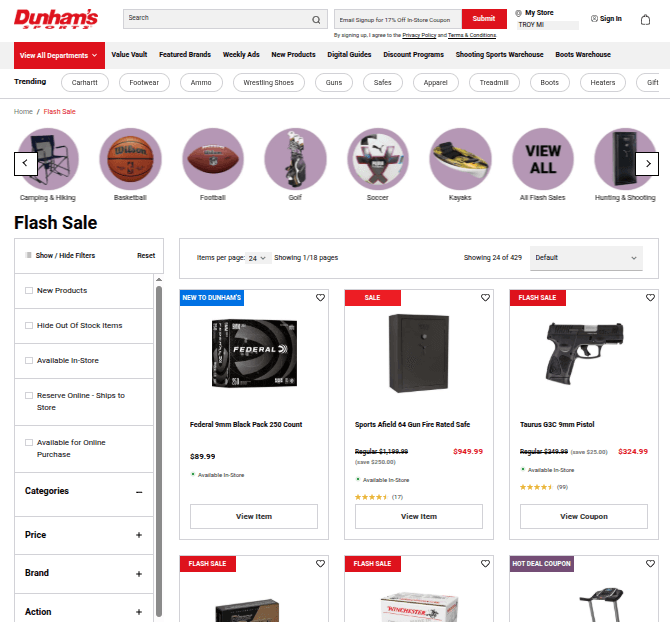 A Dunhamโs Sports -Flash Sale- landing page featuring a grid of discounted products like safes and fitness equipment, with a left-hand sidebar for filtering by price, brand, and category