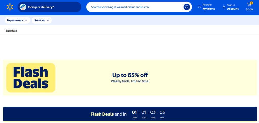 A Walmart website banner for Flash Deals offering up to 65% off weekly finds, featuring a prominent blue countdown timer showing 1 day and 1 hour remaining