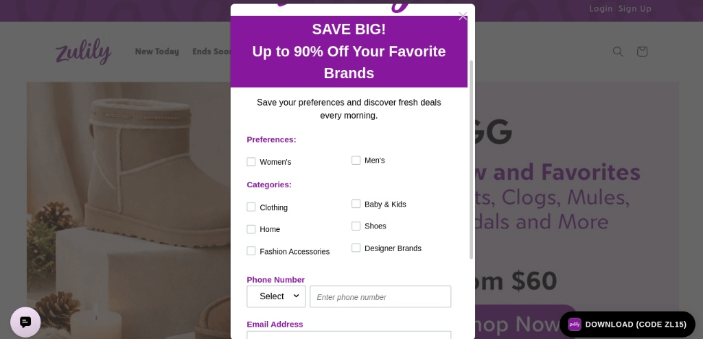 A Zulily pop-up window on a website offering -Up to 90% Off Your Favorite Brands