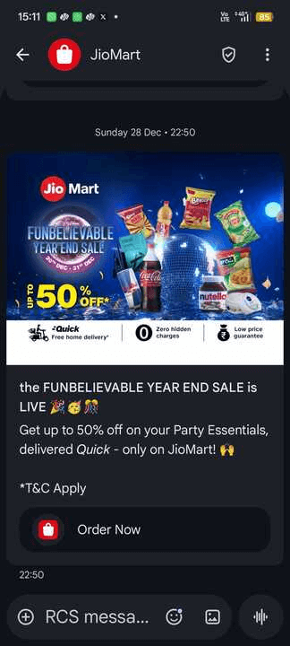 An RCS mobile message from JioMart announcing the -FUNbelievable Year End