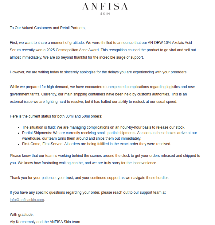 Apology email to customer and retail partners from ANFISA Skin for pre-order delays.